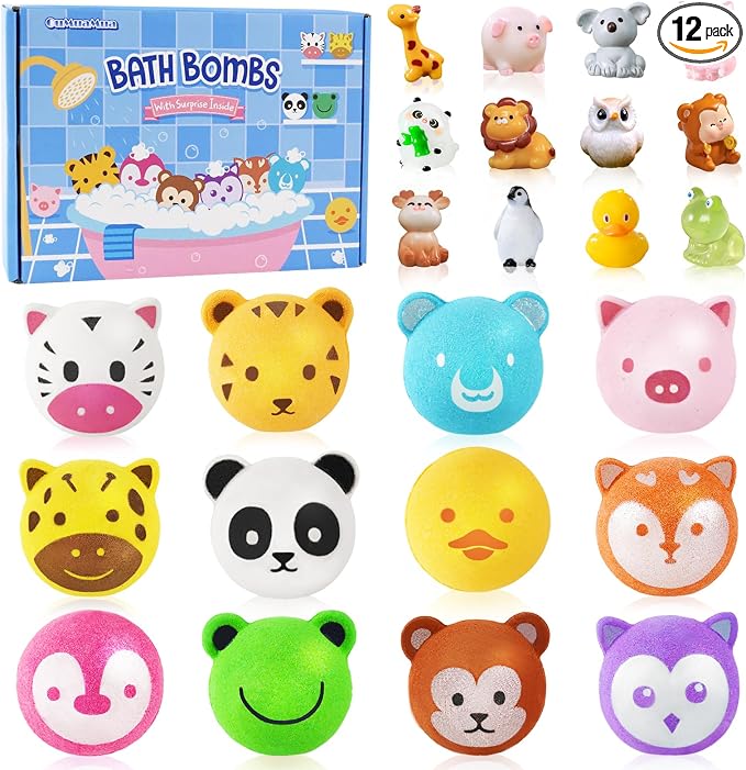 Bath Bombs for Kids with Surprise Toys Inside, 12 Pcs Bubble Bath Fizzy Balls with 12 Animal Shapes, Natural Bath Bombs Valentine's Day Easter Children's Day Gift Set for Kids Girls Boys Toddlers
