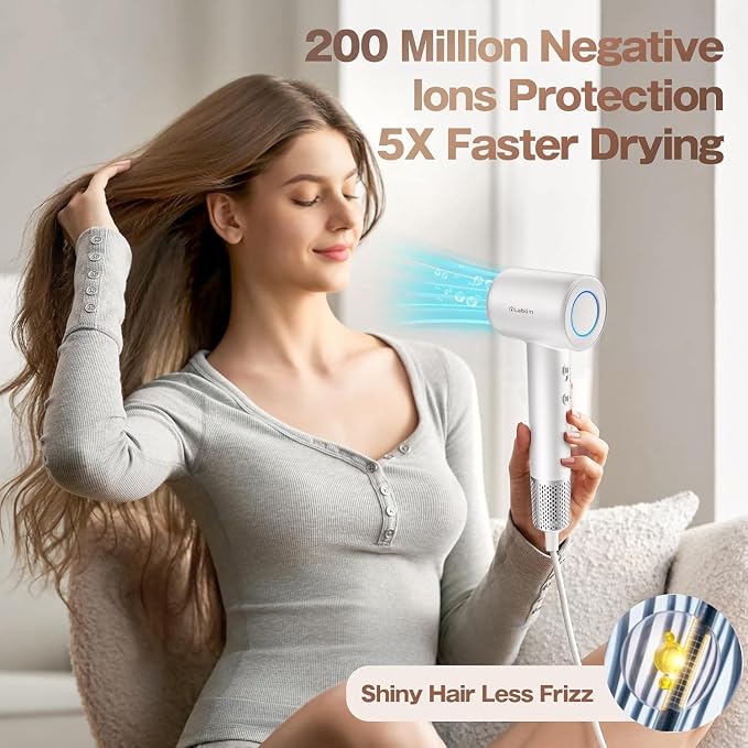 Labiim Hair Dryer, High-Speed 110,000 RPM Brushless Motor Blow Dryer,200 Million Ionic Fast Drying, Lightweight Thermo-Control Quiet Compact Hairdryer with Magnetic Nozzle for Home Salon Travel, White