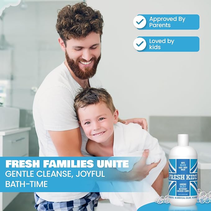 Fresh Kidz Hair & Body Wash for Kids and Teens - Gentle Bath and Shower Cleanser for All Skin Types - Boys Blue, 16.9 Fl.Oz.