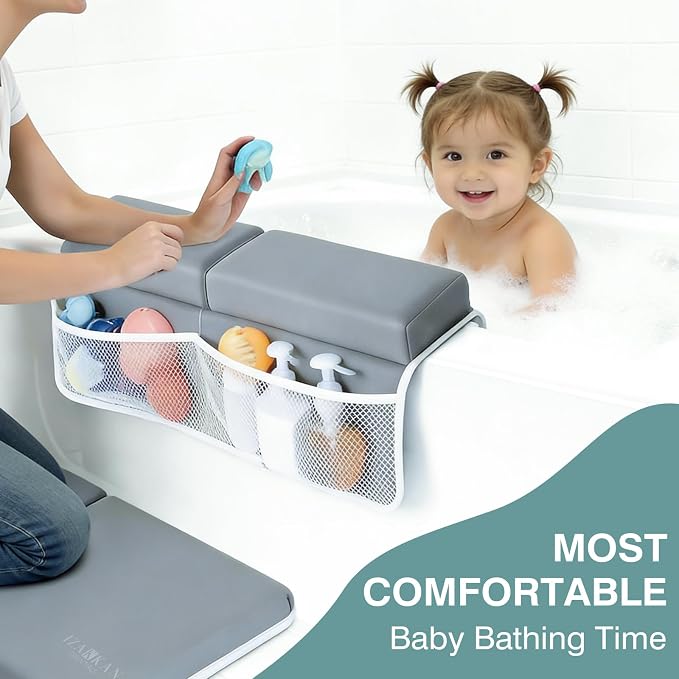 Bath Kneeler and Elbow Rest Pad Set - 1.5" Thick Baby Bath Kneeler - Non-Slip Bathtub Kneeler and Elbow Rest Set with Toy Organizer - Machine Washable Bath Kneeling Pad (Grey)