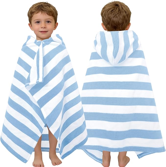VOOVA & MOVAS Hooded Bath Towels for Toddler 0-3T, 25''X40, Soft | Thick | 100% Cotton | Absorbent Towel Wrap for Baby Boy, Perfect for Beach, Pool, Bath, Swimming,Light Blue Stripe