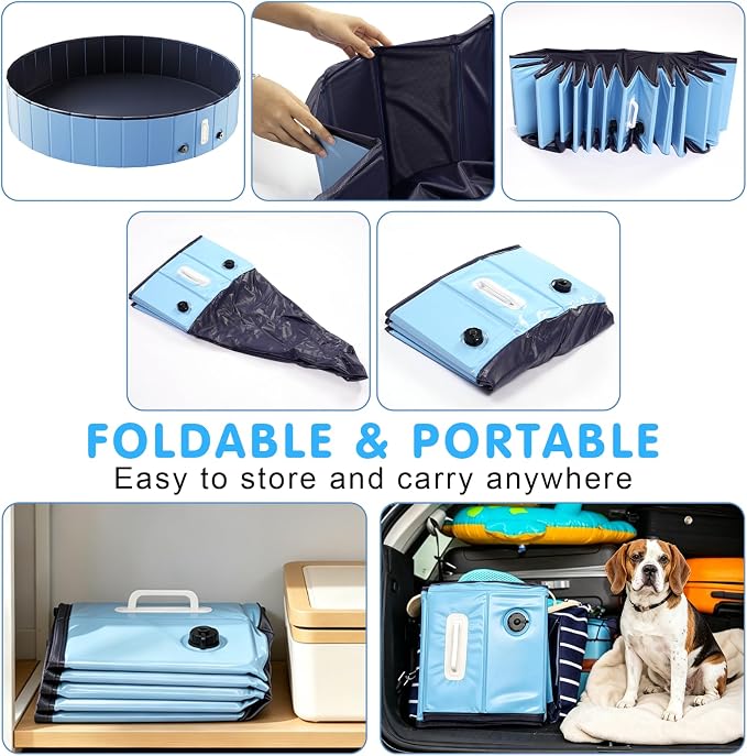 DEWEL Portable Foldable Dog Pool Bath Tub for Dogs Cats & Pets, Collapsible PVC Kiddie Bath Tub Pool with MDF Reinforced Panels, Non-Slip Bottom for Bathing Swimming Outdoor Backyard Patio Play