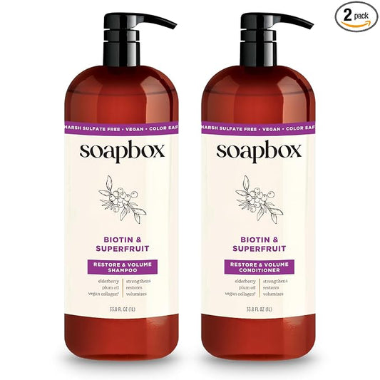 Soapbox Biotin & Super Fruit Shampoo & Conditioner Set, Leaves Hair Volumized & Strengthened - Clean Ingredients Free of Harsh Chemicals, Sulfates, Parabens & Silicones - 1 Liter Each