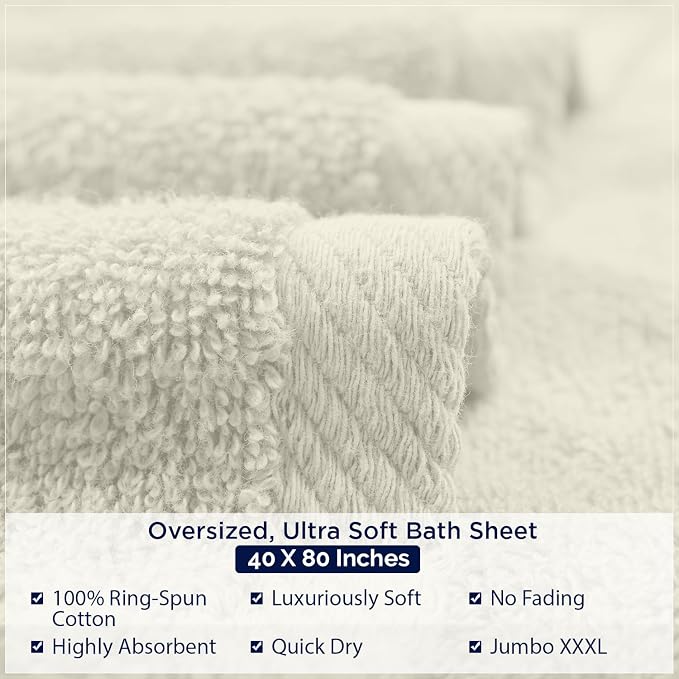 DAN RIVER Pack of 1 Bath Sheet 40x80 Inches, Extra Large Quick Dry Bath Towels, Hotel Collection Towels for Adults - Ivory