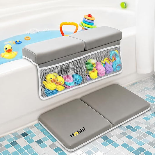 Wobbi Comfortable Bath Kneeler and Elbow Rest Pad Set | 6 Suction Cups for Slip-Resistant Stability | 1.5" Thick Memory Foam Bath Kneeling Pad with 4 Storage Pockets (Grey)