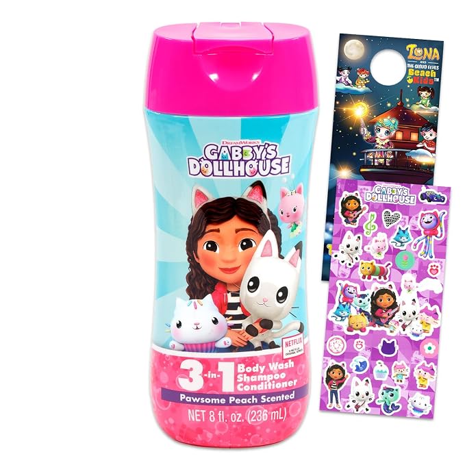 Gabby's Dollhouse Kids Shampoo, Conditioner, Body Wash 8 Oz Bottle - Bundle with 3-in-1 Berry Scented Body Wash, Shampoo & Conditioner Plus Stickers, More | Gabby's Dollhouse Bathroom Set