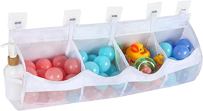 Large Bath Toy Storage, 4 Compartment Quick Drying Mesh Bath Toy Organizer with 5 Hooks, Easy Access and Sorting Large Capacity Corner Bathroom Storage, Multi Use Holder (White)