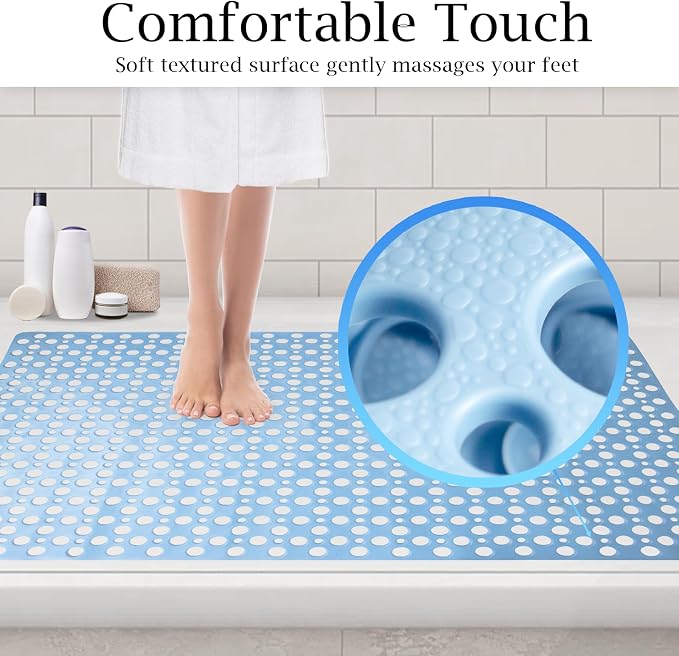 Tiamo Large Shower Mat Non Slip TPE Bathtub Mat Suction Cups for Elderly | 36x24inch rectangle,inside shower,big drain holes,quick dry,smooth tile floors,seniors,blue