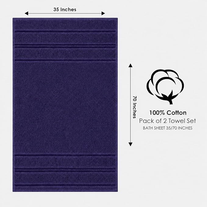 Terry Bath Sheet Set of 2 Navy Blue Bath Towels Set 35x70 Inches, 100 Combed Long Staple Cotton Highly Absorbent Ultra Soft Oversized Large Luxury Hotel & Spa Quality Bathroom Towels Set