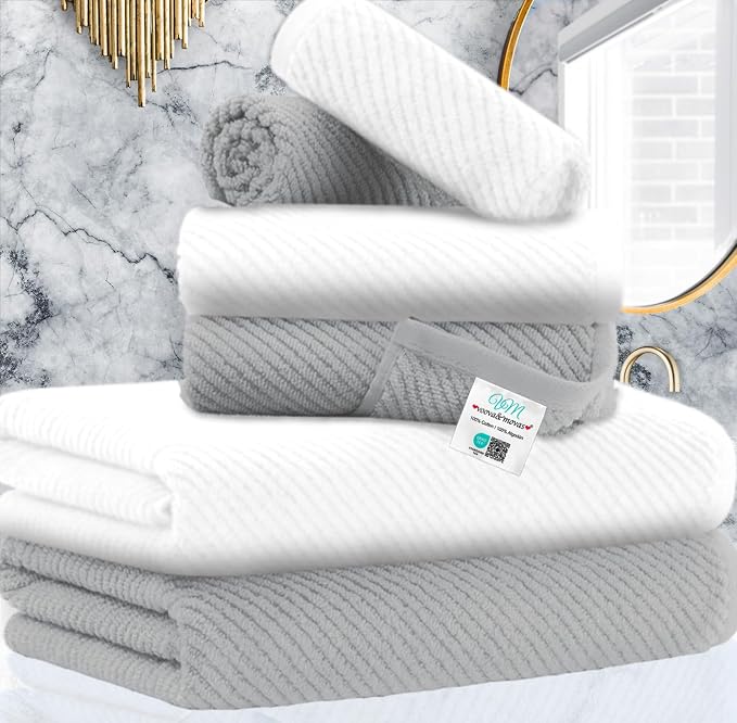 VOOVA & MOVAS Bathroom Towel Set - 100% Cotton | Soft | Quick Dry, Towel Set of 6, 2 Large Bath Towels 30"x56", 2 Hand Towels 18"x28", 2 Washcloths 13"x13", Bathroom Essentials, Grey and White
