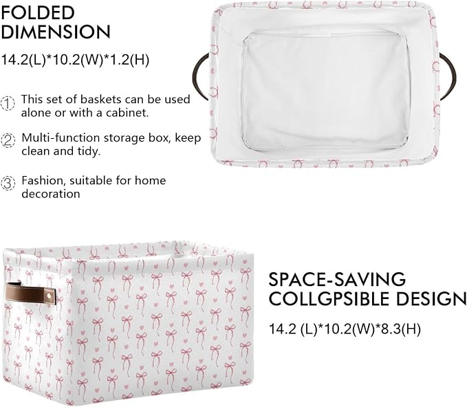 Wamika Pink Ribbon Bow Storage Basket with Waterproof Liner and PU Handles White Bow Tie Cute Storage Bins Boxes 14.2" Collapsible Decorative Organizer Baskets for Bedroom Closet Office 2 Pack