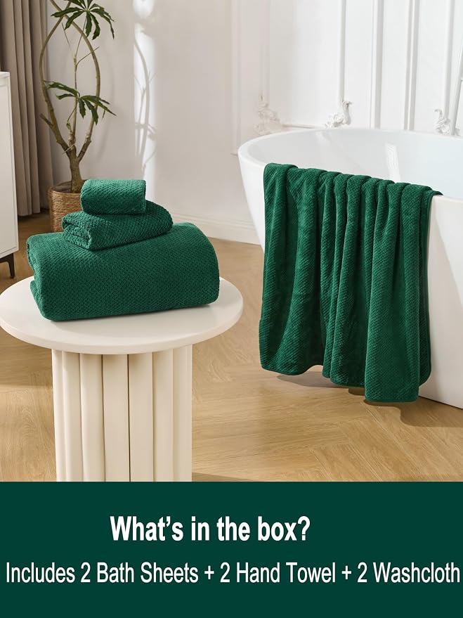 Extra Large Bath Sheets Set 6-Piece, 2 Bath Towels 40x80 Inches, 2 Hand Towels, 2 Washcloths, Soft Absorbent Quick Dry Microfiber Towels for Bathroom Beach Pool Gym Spa, Dark Green