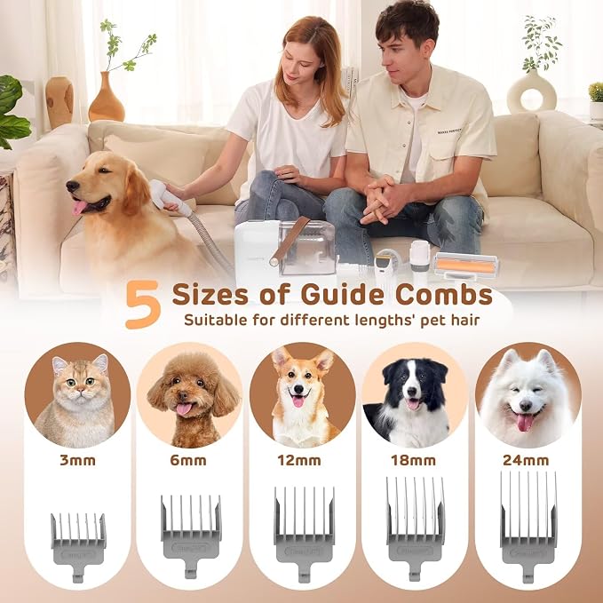 HEAPETS Dog Grooming Vacuum Kit - 3L Vacuum with 7 Tools, Low Noise Electric Clipper and Brush for Pet Shedding at Home, White