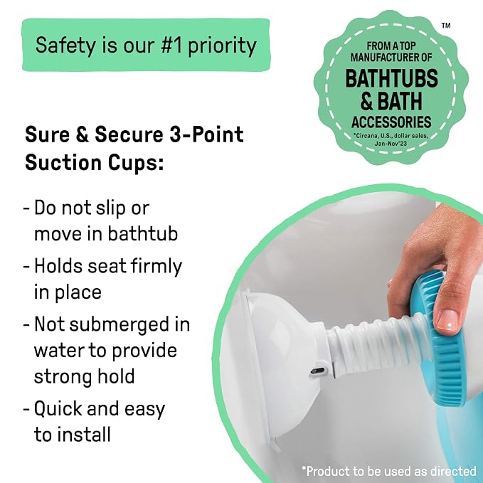 Ingenuity My Bath Seat for Sit-Up Baby Bathing, Sure & Secure Suction Cups, ASTM Safety Tested & Approved, Backrest for Assisted Sitting, Easy Setup & Storage, Aqua