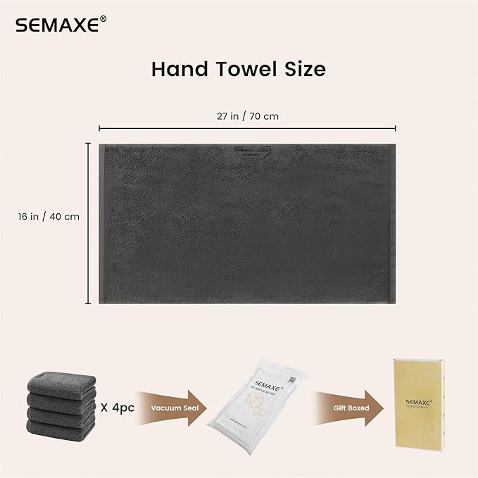 SEMAXE 4-Pack Gray Cotton Hand Towels for Bathroom with Hanging Loops | Sink-side towels for drying hands and face, ideal for bathrooms, guest baths, powder rooms, OEKO-TEX certified, easy care
