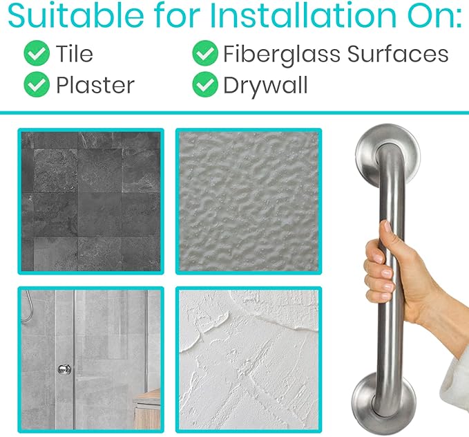 Vive Grab Bar for Showers - Bathroom Antislip Handrail for Seniors, Elderly Assistance Product, Heavy Duty Shower Handles, Handicap Grab Bars, Stainless Steel, Multipurpose, 440 lbs (Brushed Nickel)