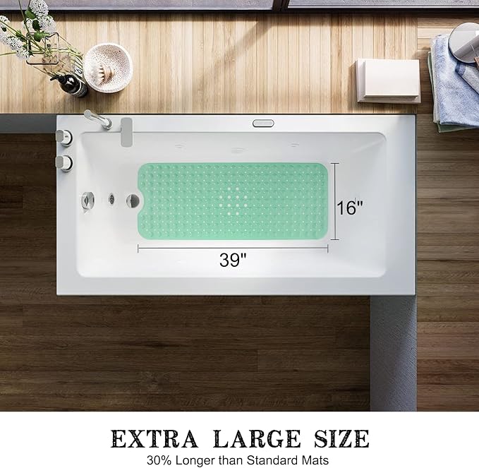 Bathtub and Shower Mats, Extra Long Non-Slip Bath Tub Mat 39 x 16 Inch, Machine Washable Bathmat with Suction Cups & Drain Holes for Bathroom Floor, Pale Green