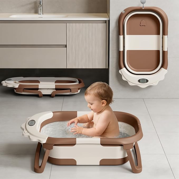 TPN Collapsible Baby Bathtub for Infants to Toddler with Real-time Temp Monitor+Floating Cushion 1 (Brown, Little Lion)