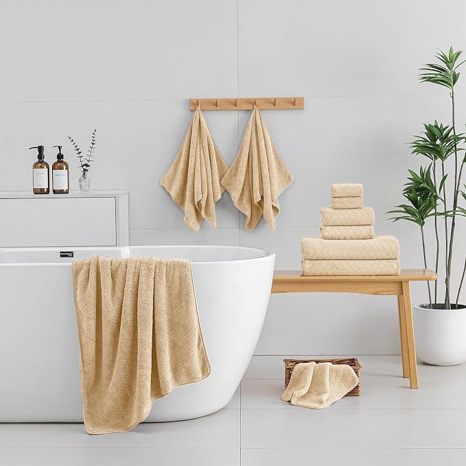 Luxury Bath Towels Set - 12 Piece (4 Large Bath Towels,4 Hand Towels,4 Washcloths), 100% Microfiber,Extra Absorbent Super Soft & Quick Dry,Complete Family Pack for Bathroom Gym Pool,Beige