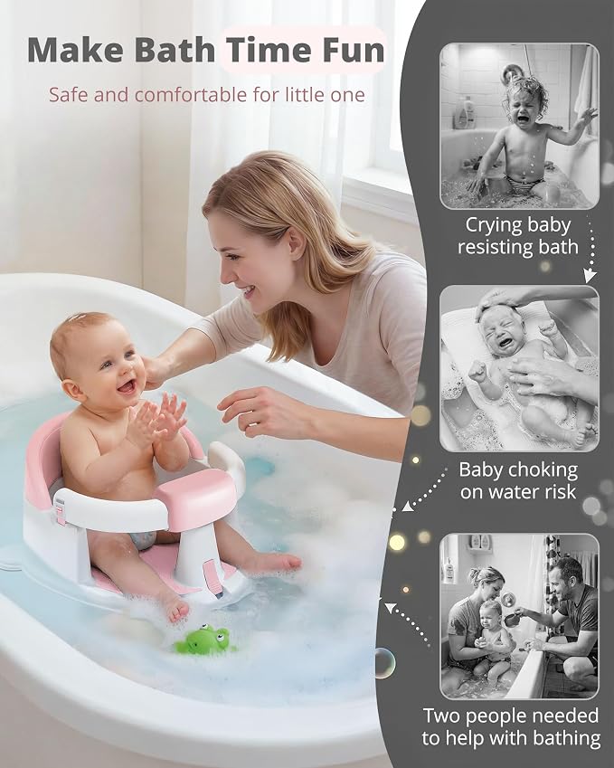 ONTHEWEI Baby Bath Seats for Babies Sitting Up, Non-Slip Baby Bathtub with 3 Suction Cups, Safe & Comfortable Toddler Bath Seat Ideal for Baby Bath/Shower Support, Stable Design, Pink (6-24 Months)