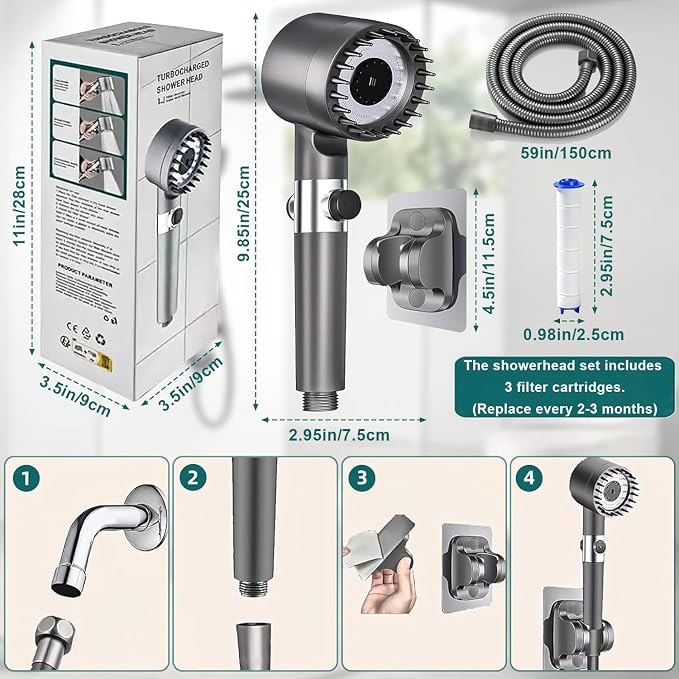 Ion Drop Shower Head - High Pressure Handheld Showerhead with 5 Filters, 4 Spray Modes, Pause Switch, Ion Shower Head with 59" Explosion-Proof Hose & Bracket for Hard Water & Pets, Gray
