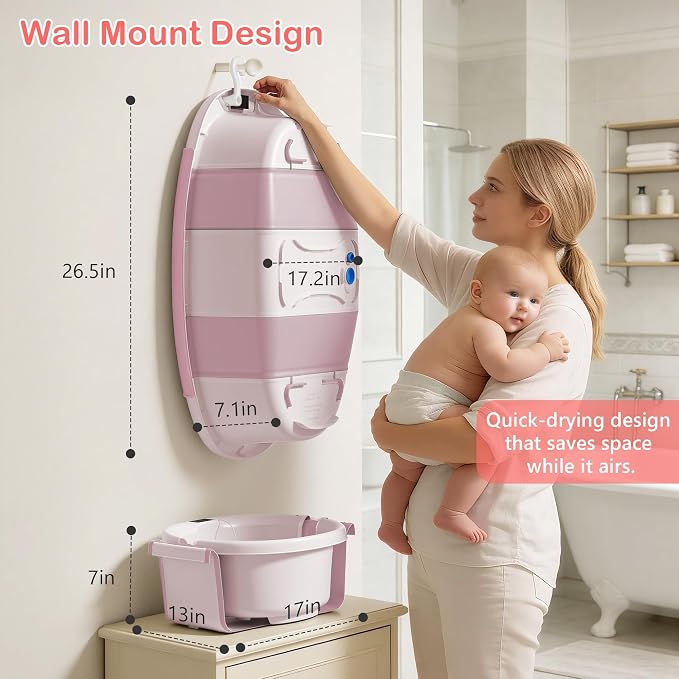 Collapsible Baby Bathtub - Large Baby Bath Tub with Thermometer | Bath Essential Bañera para Bebe Easy Fold Baby Tub | Travel Infant Newborn Toddler Bathtub for Baby Girl Boy 0 to 36 Months (Pink)