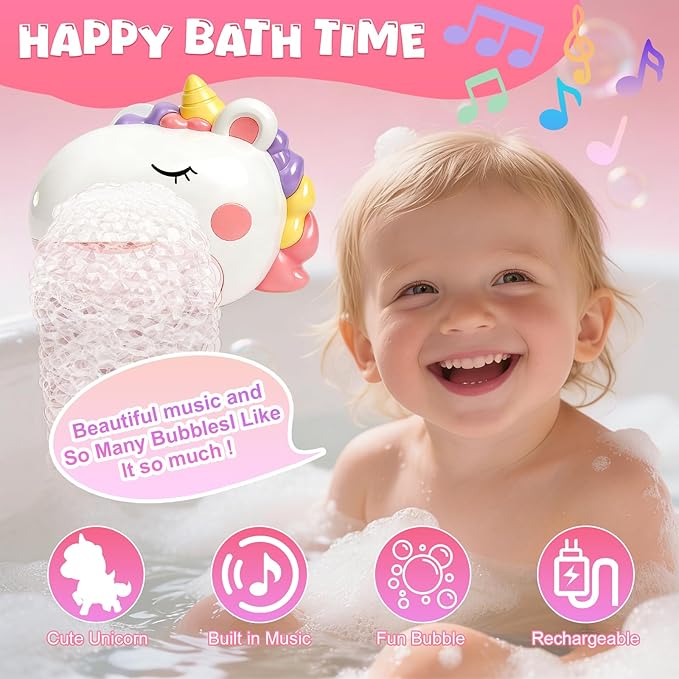 Baby Bath Toys, Unicorn Rechargeable Bath Bubble Machine, Automatic Bubble Maker with 12 Music, Bathtub Shower Water Toys, Toddlers Gifts for Girls Bathroom Toys Kids Ages 1-3 4-8