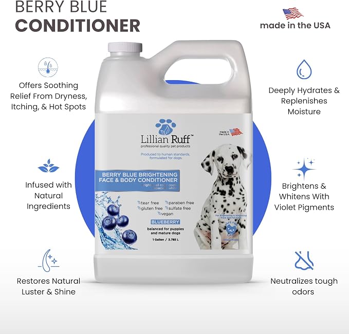 Lillian Ruff PRO Formula Berry Blue Brightening Dog Conditioner - Professional Whitening Conditioner, Hydrate Dry Skin, Soften, Detangle, Restore Shine - Provitamin B5, USA Made 128oz+Pump