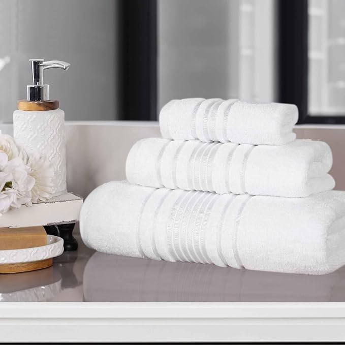 Superior Cotton 3 Piece Towel Set, Includes 1 Bath, 1 Hand, 1 Washcloth/Face Towel, Quick Dry, Home Essentials, Shower, Spa, Luxury Plush Soft Absorbent Towels, Zero Twist, Solid, White