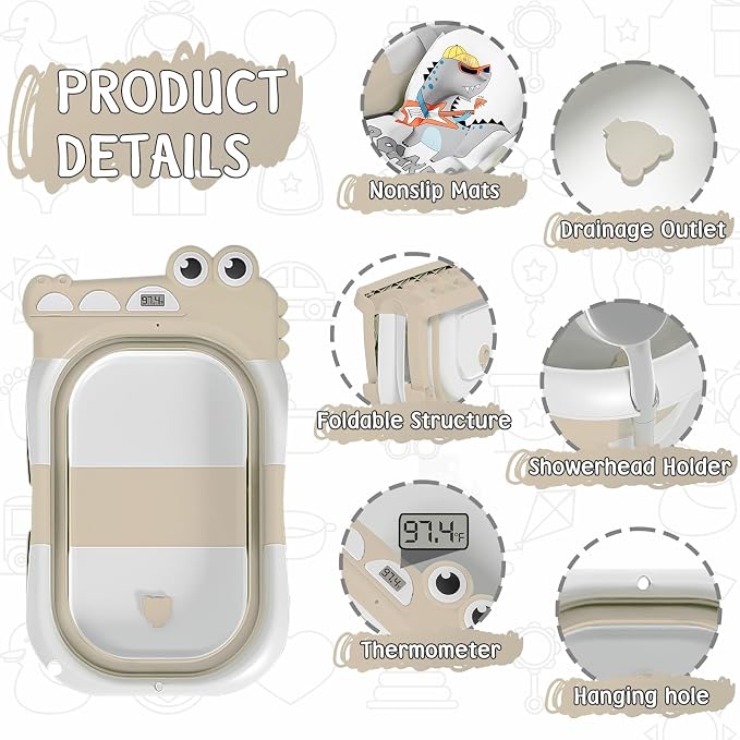 TPN Collapsible Baby Bathtub, Baby Bath Tub with Soft Cushion & Real-Time Thermometer, Baby Bathtub Infant to Toddler Tub (0-36 Months), Portable Newborn Travel Bath Tub