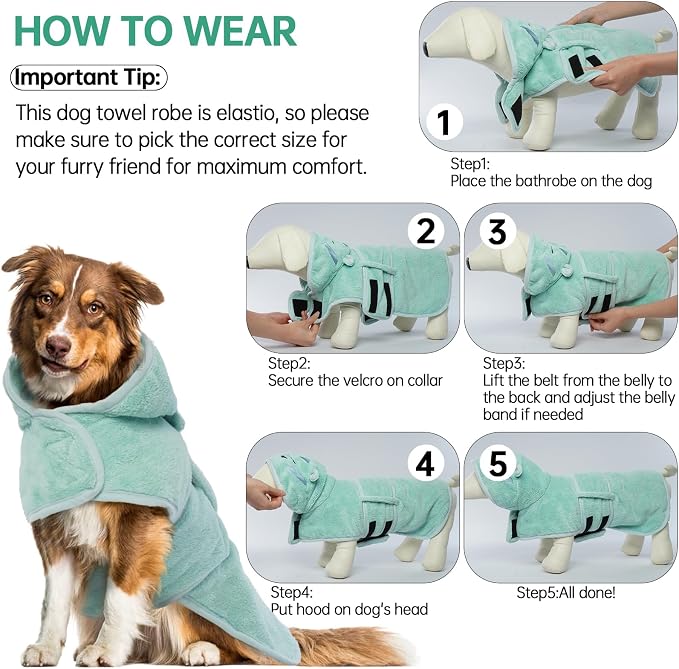 Microfibre Dog Drying Coat, Super Absorbent Towel, Magic Sticker & Belly Strap - Dog Robes for After Bath, Small to Large Sizes