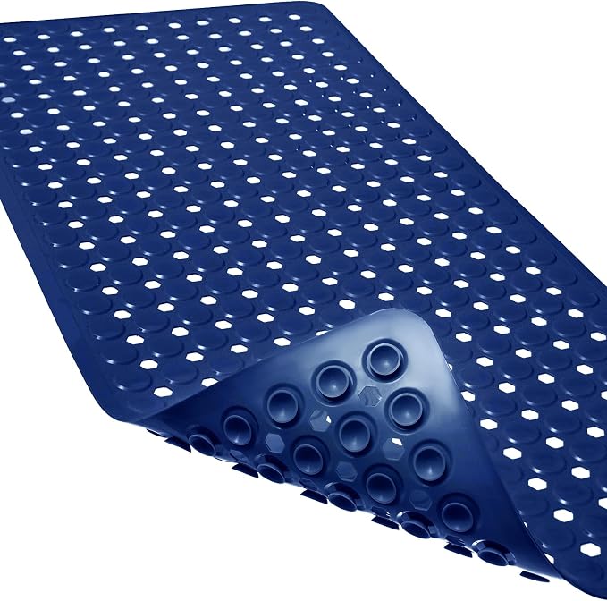 Non-Slip Bathtub and Shower Mats, Power Grip Bath Mat 35 x 16.3 Inch with Suction Cups and Drain Holes for Tub Bathroom Floor Safety, Machine Washable Soft Bathmat, Navy Blue
