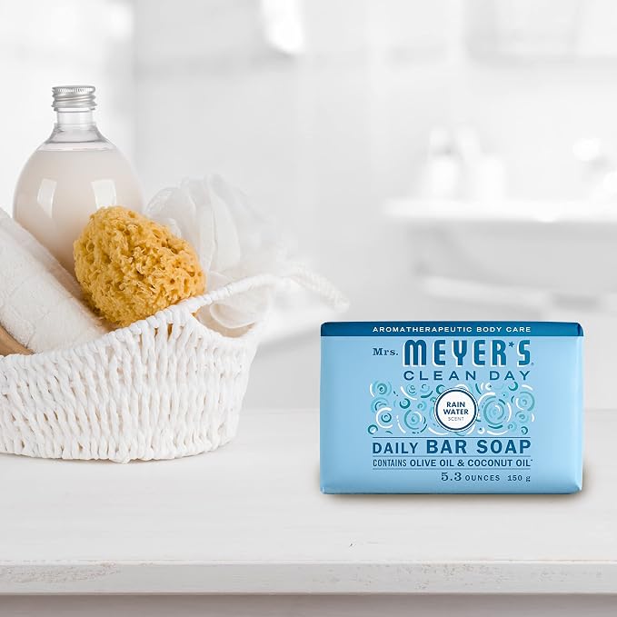 Mrs. MEYER'S CLEAN DAY Bar Soap, Use as Body Wash or Hand Soap, Made with Essential Oils, Rain Water, 5.3 oz, 1 Bar (Pack of 12)