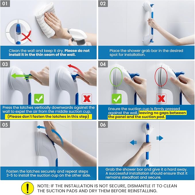 LEVERLOC 2 Pack Shower Grab Bars for Bathtubs and Showers, Easy to Install Suction Shower Handles for Bathroom Removable Handrails for Seniors Elderly Heavy Duty Safety Grip Waterproof Drill Free Blue