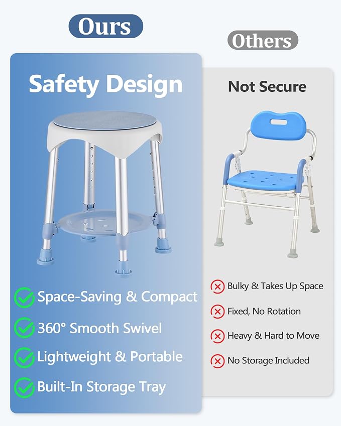 Shower Stools for Seniors, Small Shower Chair for Inside Narrow Tub, Height Adjustable Swivel Shower Chair with Storage Tray, 360° Rotating Narrow Shower Chair for Bathtub Small Tub, Blue