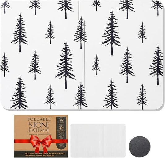 Black Stone Bath Mat - 24x16 Inch, Fast Absorbent Large Black and White Tree Stone Bath Mats for Bathroom Decor Quick Dry Non-Slip Shower & Bathtub & Drying Mat
