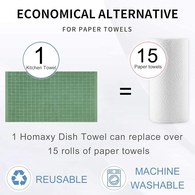Homaxy 100% Cotton Terry Kitchen Towels(Grass Green, 20 x 28 inches), Checkered Designed, Soft and Super Absorbent Dish Towels, Large 6 Pack