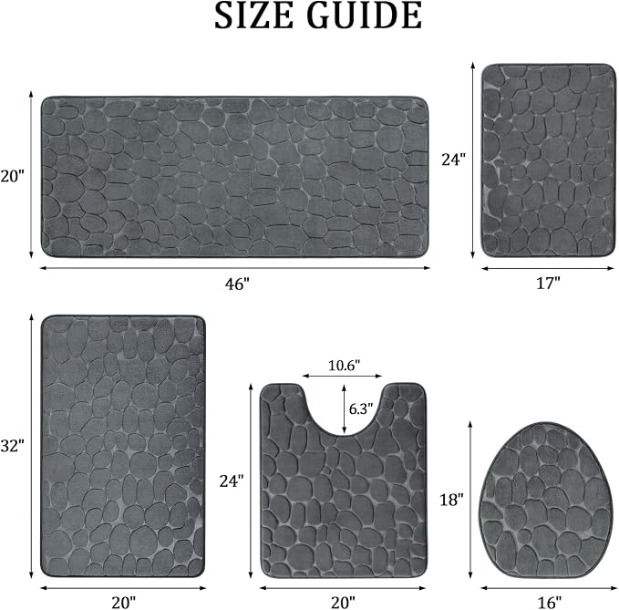 YIHOUSE Bathroom Rugs Mat Set, Memory Foam Bath Mat 5 Piece Dark Grey | Non Slip, Water Absorbent, Washable, Bath Mat For Bathroom, Sink and Toilet
