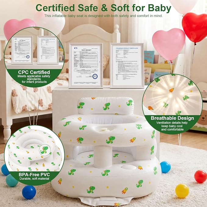 Inflatable Baby Seat for Babies 3-36 Months, Baby Chair with Fence & Built in Air Pump, Blow Up Floor Seat with Back Support, Inflatable Infant Chair Sit Me Up for Home, Travel Green Dinosaur
