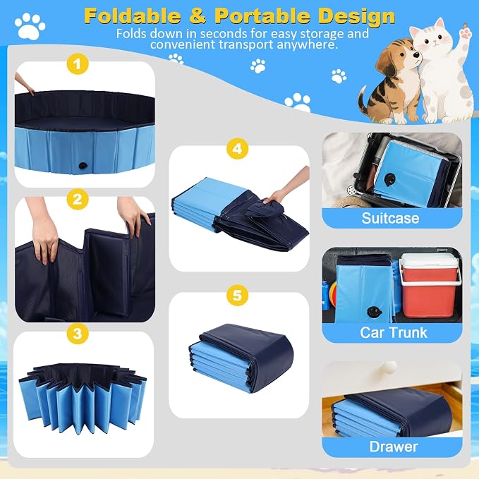 Eooqi Foldable Plastic Dog Pool, Collapsible Pet Bath Tub & Wading Pool, Portable Hard-Side Dog Swimming Pool for Outdoor & Backyard Use, Puppies, Small & Medium Dogs, Cats and Kids (Blus, 32"-S)