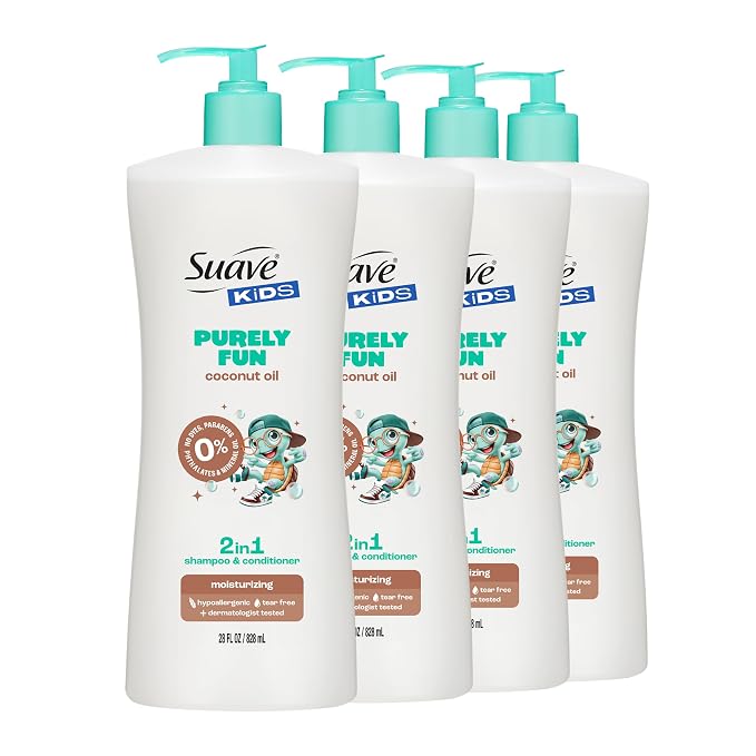 Suave Kids Purely Fun 2 in 1 Shampoo and Conditioner with Coconut Oil, Tear-Free, Hypoallergenic, Gentle Hair Care for Kids with Sensitive Scalps, 4 Count, 28 FL OZ