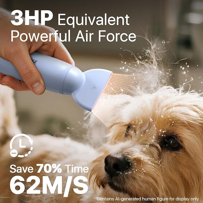Buenkee Handheld Dog Dryer, 3HP High-Velocity Pet Hair Blower, Blue | 12 modes with 3 speeds and 4 temps, 1.2 lb lightweight, quiet under 65 dB, portable for home and travel, includes 3 nozzles