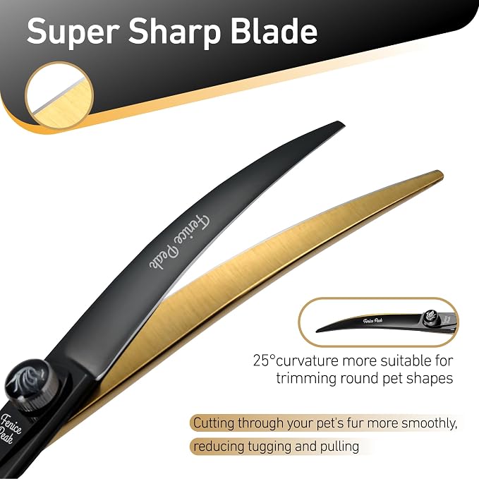 8'' Black Dog Grooming Scissors Goldern Curved Scissors with Ergonomic Offest Handle and Pattern Screw Pet Grooming Trimming Shears Durable and Sharp 440C