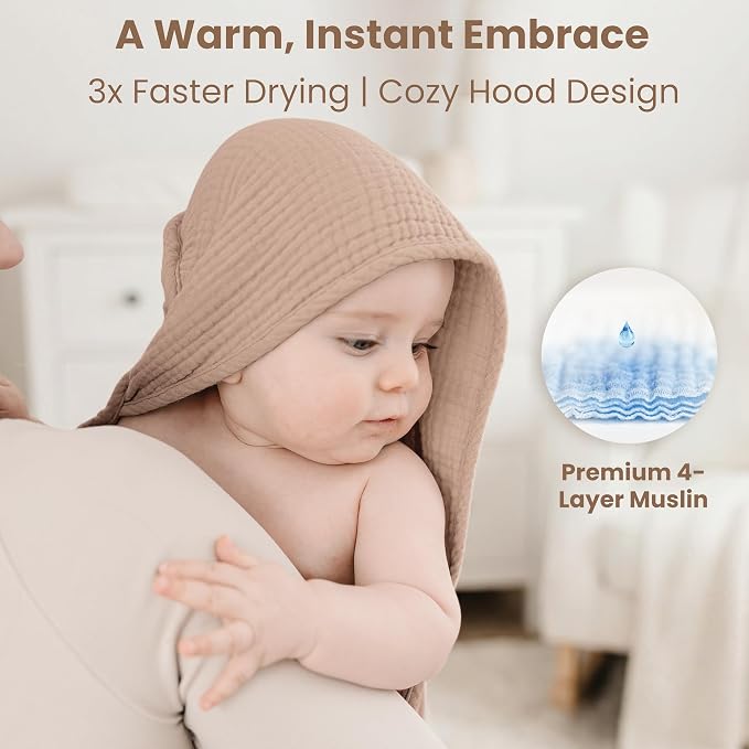 Konssy 2-Pack Muslin Hooded Baby Towels, 100% Cotton, Ultra-Soft & Absorbent Baby Bath Towels with Hood for Newborn & Infant (Camel, Sun,32" x 32")