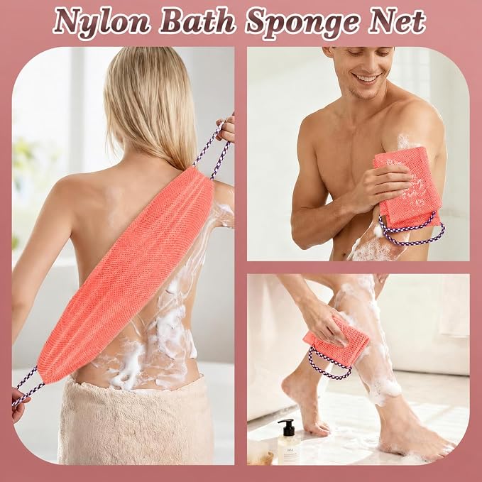 Manmihealth Silicone Back Scrubber for Shower & African Net Sponge Net Set, 36'' Dual-Sided Back Washer & African Long Bath Sponge, Extendable Long Silicone Body Brush (Pink+Pink)
