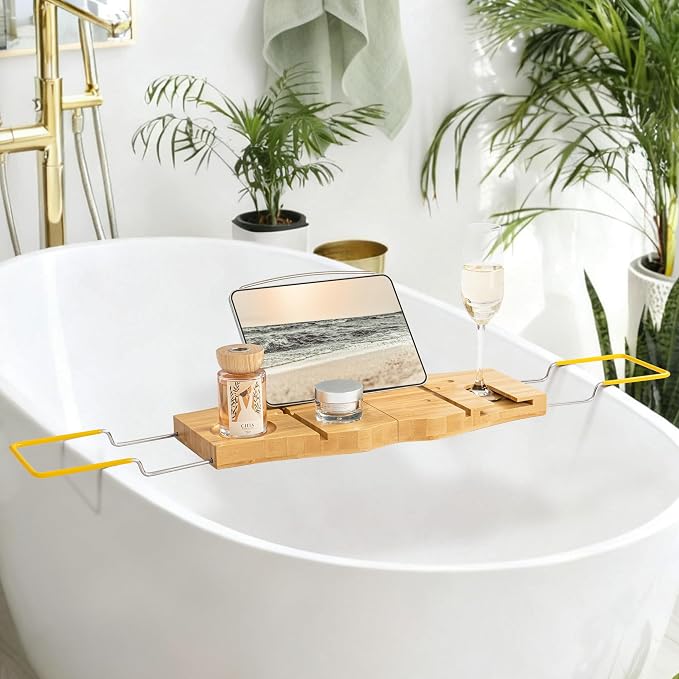 Dreamland Bamboo Bathtub Tray Caddy | Light bamboo material, cross tub design, bathroom bath supplies storage