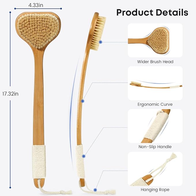 eaxun Bamboo Back Scrubber with Curved Long Handle, 17.3 Inches Exfoliating Shower Brush with Stiff Bristles for Men and Women, Back Washer Body Exfoliator for Bath or Dry Brushing