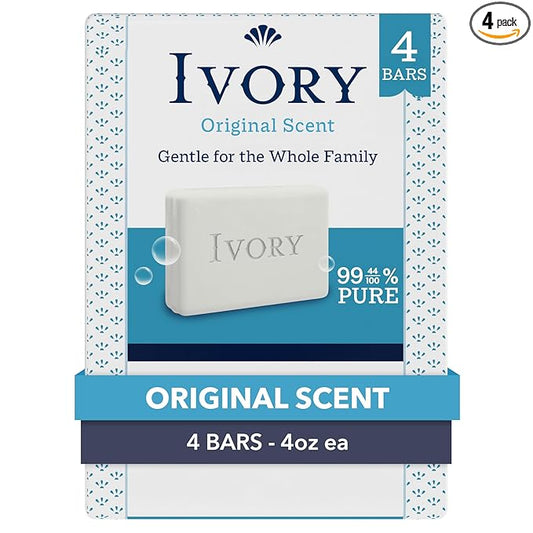 Ivory Gentle Bar Soap, Designed for Whole Family, 99.44% Pure Formula, Plant-Based Cleanser, Made Without Heavy Perfumes, Parabens & Phthalates, For All Skin Types, Original Scent, 4.0 oz (4 Count)
