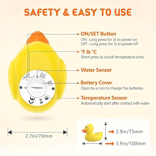 Baby Bath Thermometer for Infants & Todlers, Floating Duck Water Thermometer with Instant Temperature Reading,3-Color LED Safety Alert,Large LCD Display, BPA-Free Bathtub Toy Auto On/Off