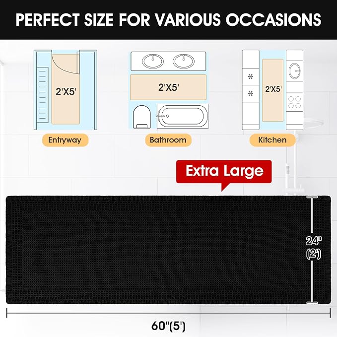 Extra Large Waffle Bath Mat, 6'x2' Black-Bordered, Super Absorbent Non-Slip Quick Dry Bathroom Rugs with Tassels, Machine Washable Ultra Soft Boho Bath Rugs for Floor, Toilet Mats Boho Farmhouse Decor